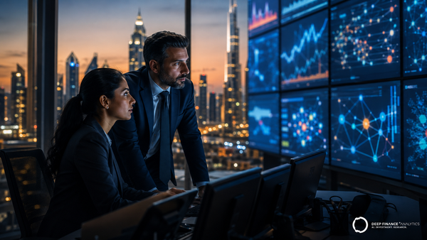 Two risk-and-security professionals in a Dubai financial-district operations room monitoring displays for fraud and market anomalies